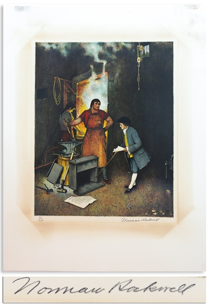 Norman Rockwell Signed Limited Edition Lithograph of ''The Blacksmith Shop'' -- Portraying Benjamin Franklin, Done for ''Poor Richard: The Almanacks''